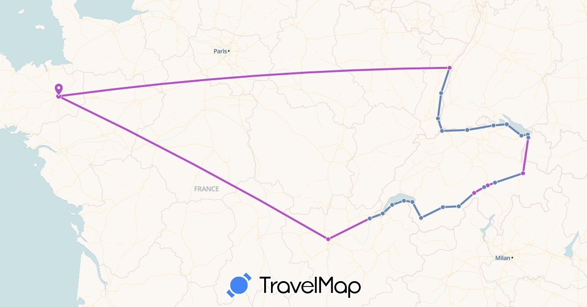 TravelMap itinerary: driving, cycling, train in Austria, Switzerland, France (Europe)